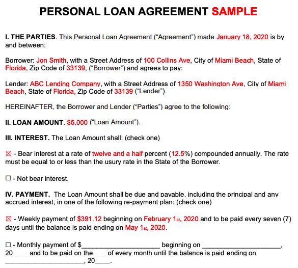 formal loan arrangement