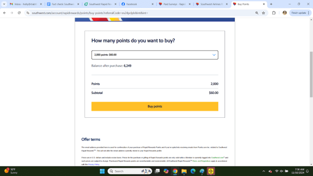 Screenshot of Southwest online form to buy Rapid Rewards points