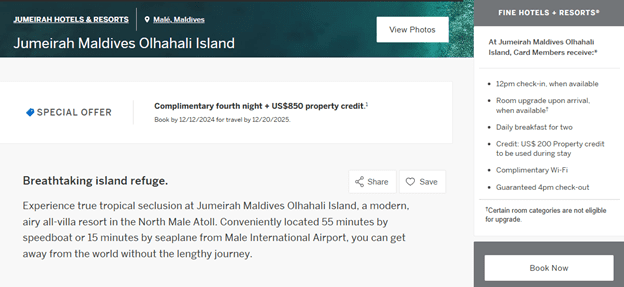 $850 property credit at Jumeirah Maldives Olhahali Island