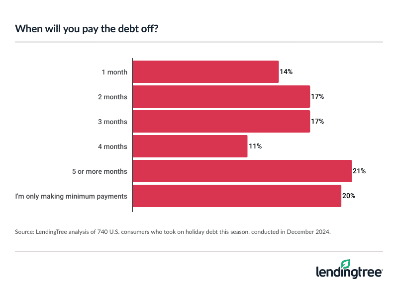 21% of consumers who took on debt this holiday season will take five-plus months to pay it off.