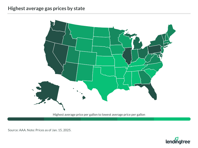 Highest average gas prices by state.