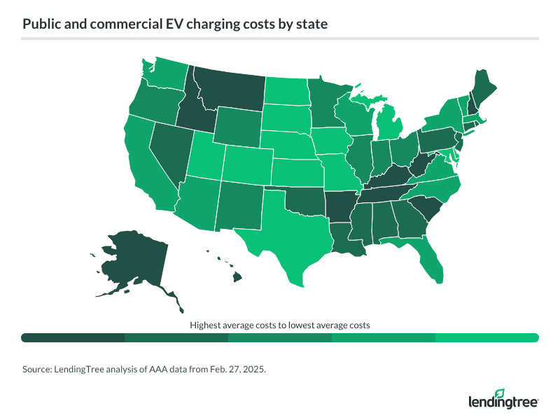 Public and commercial EV charging costs by state.