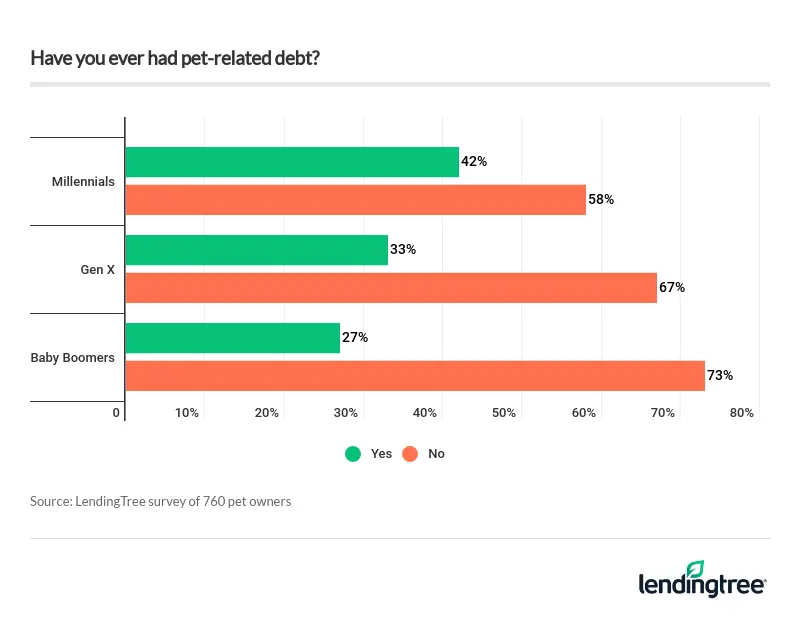 Millennials have the highest percentage with pet debt, while baby boomers have the lowest.