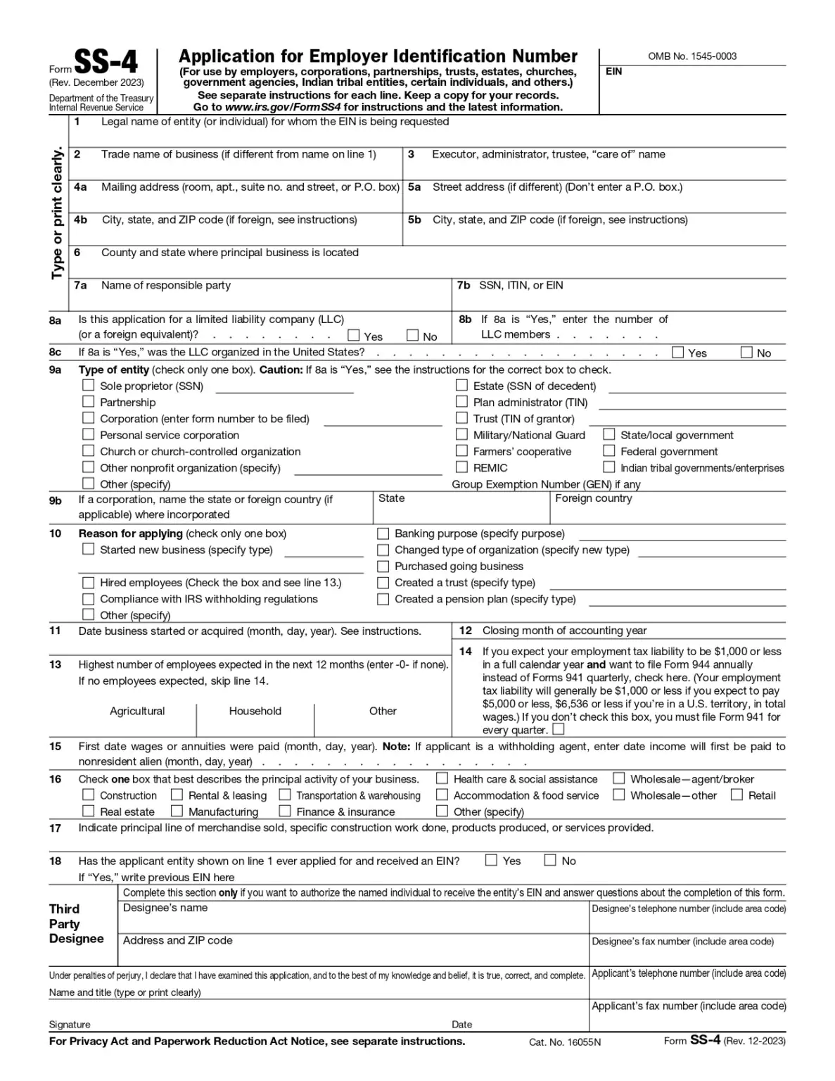 Application for Employer Identification Number