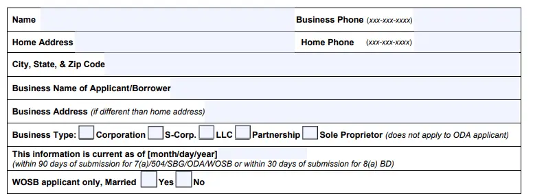 SBA Form 413 contact section