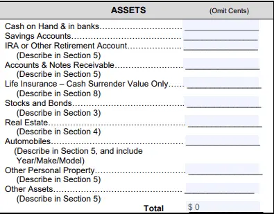 SBA Form 413 assets section