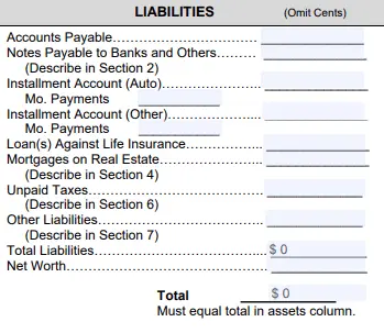 SBA Form 413 liabilities section