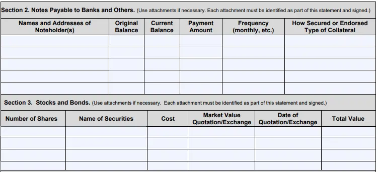 SBA Form 413 additional info section